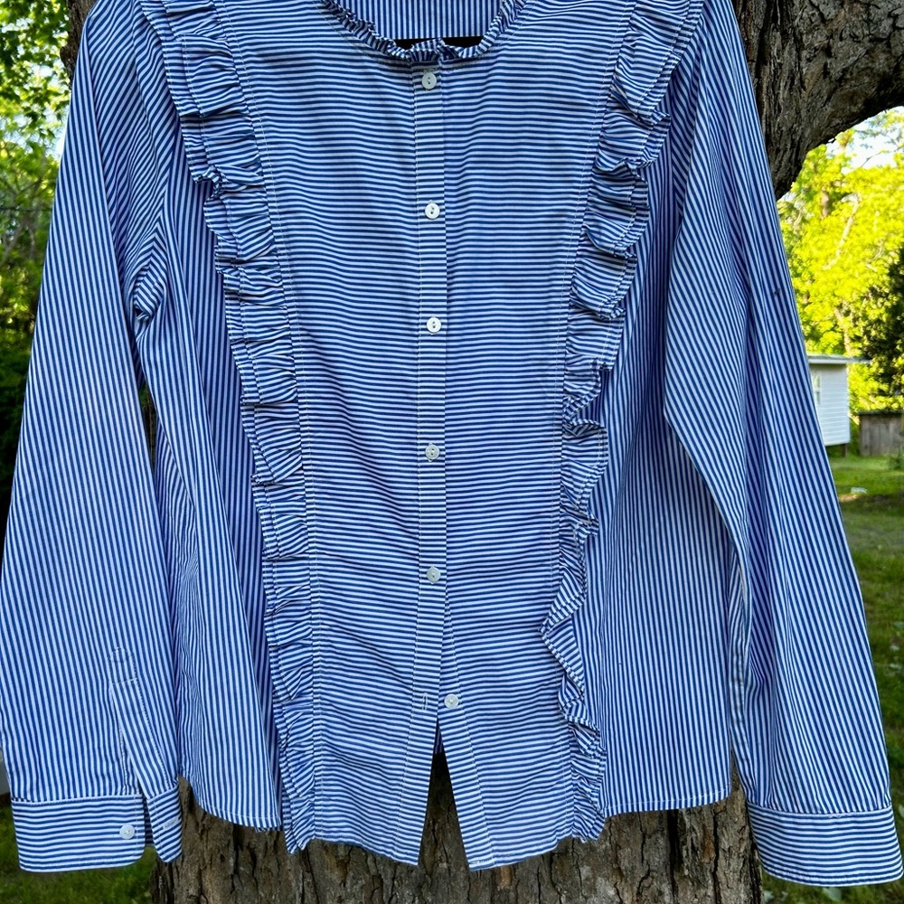 AVEC LES FILLES Cotton STRIPED RUFFLE Button Down, size Large - Picture 6 of 6